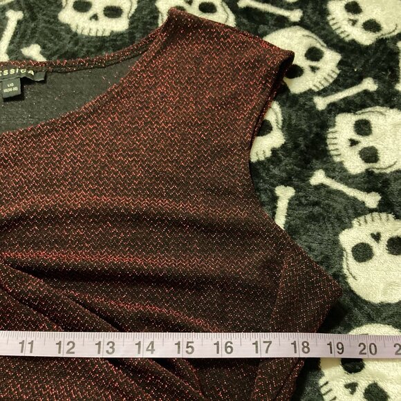 JESSICA Sparkly metallic dark red black short-sleeve draped top ~ LARGE XL shirt - Picture 9 of 13
